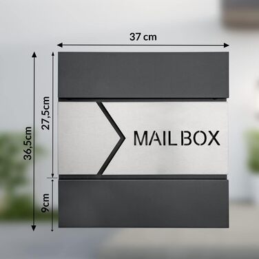 Поштовий ящик Monzana XXL з газетницею та оглядовим вікном, сталевий, антрацит, з замком та 2 ключами, для настінного монтажу