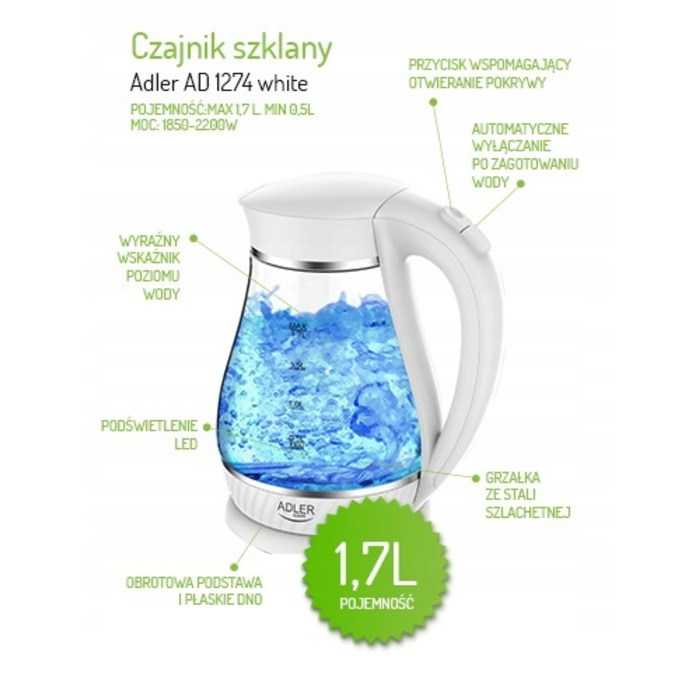 Електричний чайник ADLER AD 1274, 2200 Вт, 1,7 л, білий