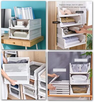 Ygapuzi 2 Pack Stackable Clothes Storage Basket Organizer Drawer Cabinet Shelf Divider Separator Desktop Container for Closet Wardrobe Kitchen Bathroom Office (White - 2Pack)