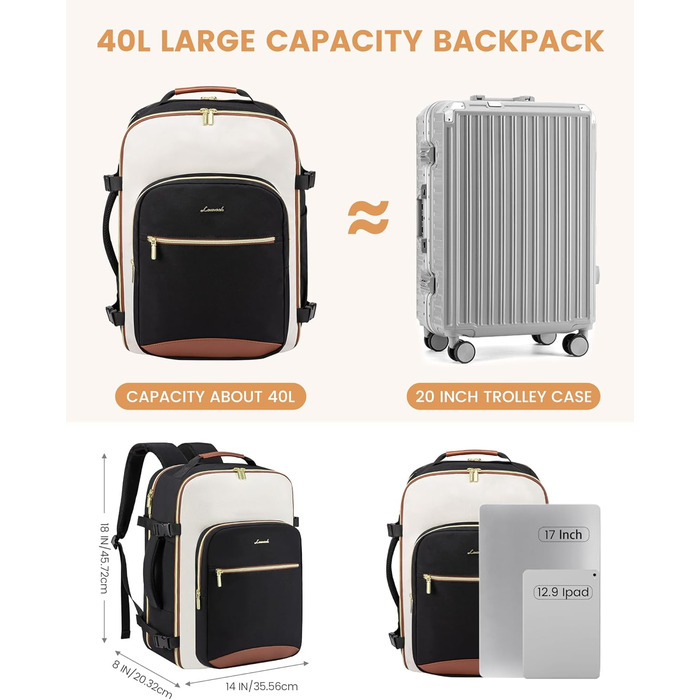 Рюкзак LOVEVOOK для ручної поклажі літака, 40L, водонепроникний, для ноутбука 17 дюймів, для подорожей, школи, роботи, кемпінгу, чоловічий/жіночий, бежевий+чорний+коричневий