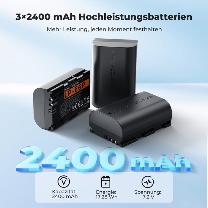 Акумулятор Canon LP-E6P (3 шт.) K&F Concept + Зарядний пристрій на 3 слоти, 2400mAh для Canon EOS R5, R6, R7, 5D Mark IV