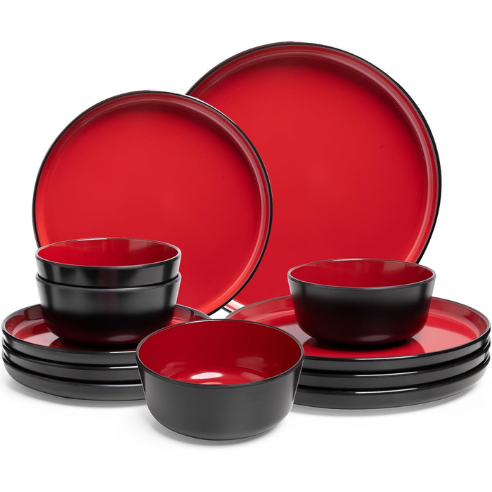 Набір посуду на 4 особи (12 предметів): тарілки для їжі, десертні тарілки, миски для каші, легкі тарілки та миски з меламіну. Підходить для кемпінгу, дачі, пікніків. Кольори: червоний та чорний.