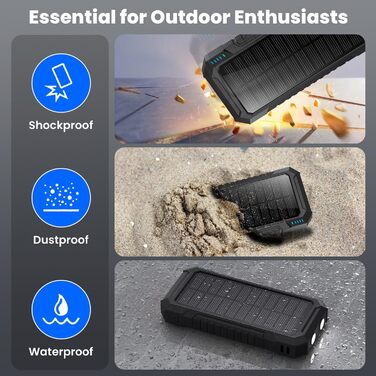 Сонячний павербанк 26800mAh з PD 15W, USB-C, подвійний акумулятор, ліхтарик та 3 виходи, для смартфонів, планшетів, кемпінгу, чорний