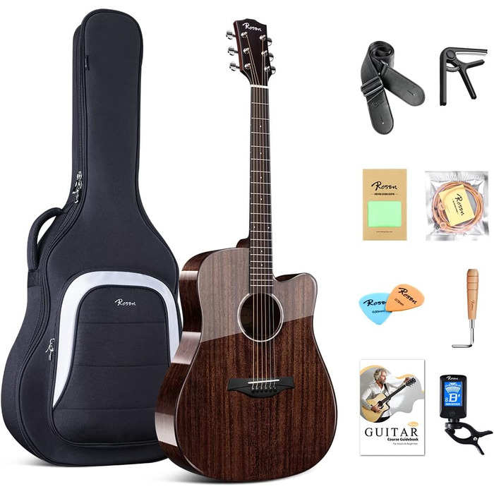 Акустична гітара Rosen G31 Dreadnought Black з махагоні, 41 дюйм, Cutaway, стартовий набір