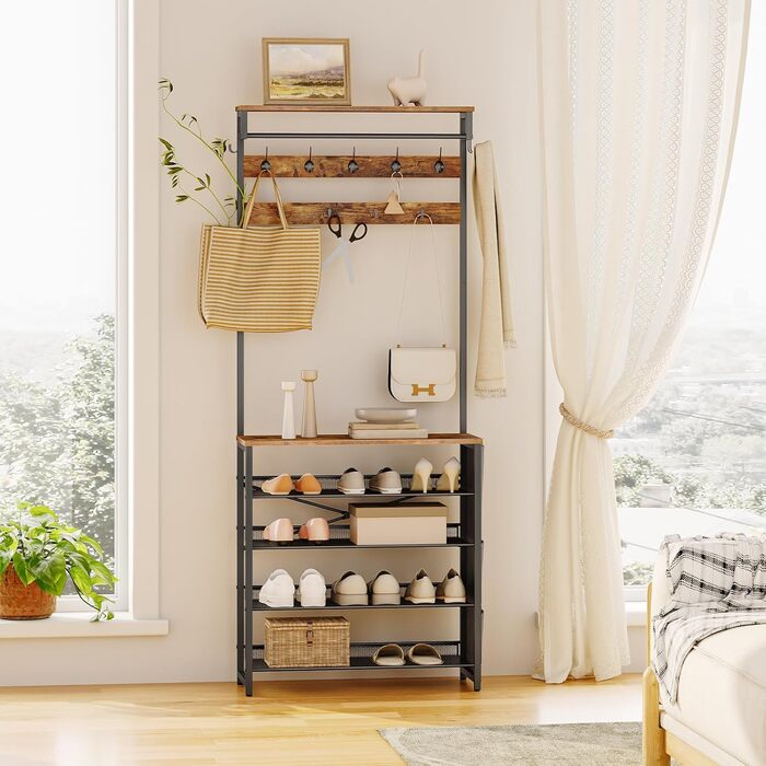 HOOBRO Coat Rack with Shoe Storage, Shoe Shelf with Coat Rack, Clothes Rack with 5-Tier Shoe Storage, Coat Rack with Shoe Cabinet, Adjustable Metal Grid Shelf, Greige EBG75MT01 (Vintage Brown + Black)