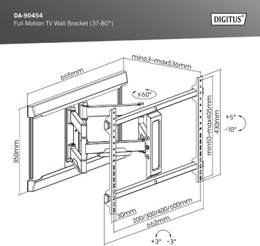 Настінне кріплення для телевізора DIGITUS до 42 дюймів, поворотне 180°, навантаження до 30 кг, чорне