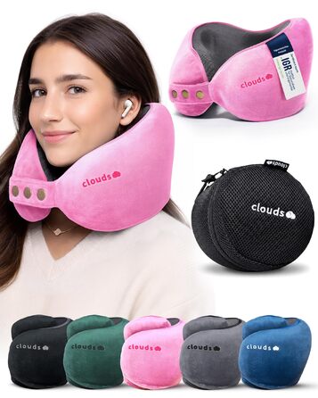 Подушка для шиї CLOUDS для подорожей: авто, літак. Memory Foam, регульована, 2 розміри (S/M), дихаючий чохол, рожевий.