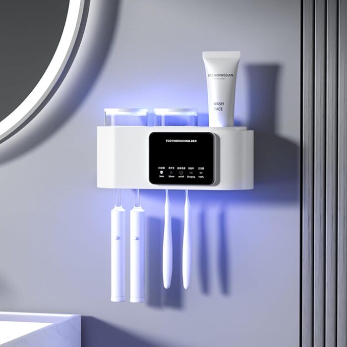 Wall-Mounted Toothbrush Holder, Bathroom Toothbrush Holder Set for Kids and Adults, 4 Brush Slots, 2 Magnetic, Bathroom Organizer Cups (2 Cups - Black)
