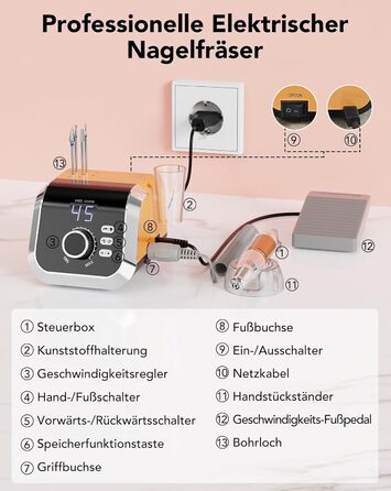 Професійний електричний фрезер для нігтів Nagelfräser 45000 об/хв з педаллю, LCD дисплеєм, 45 швидкостей, F/R, функція паузи, для гель-манікюру, для салону та дому