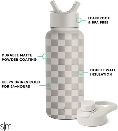 Simple Modern Trinkflasche mit Strohhalm und Chug-Deckel | Stainless Steel Insulated Water Bottle with Straw and Chug Lid for Sports Gym | Summit | 950ml | Checkmate