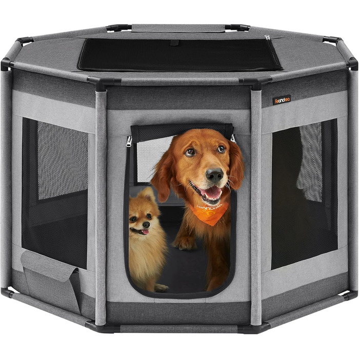 Клітка-вольєр для цуценят Feandrea Oxford, восьмикутна, XL, 112 x 112 x 76 см, з PVC-каркасом та дихаючою сіткою, з кишенею, сіро-сіра, PDC006G01 XL