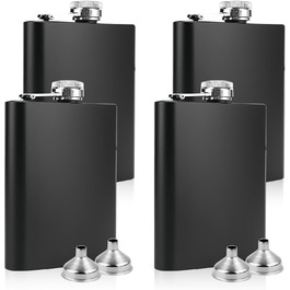 Набір з 4 флаконів з нержавіючої сталі: 236 мл, з воронкою, для напоїв, жінок, пікніків, подорожей, кемпінгу, 13,8 x 9,4 см, чорний