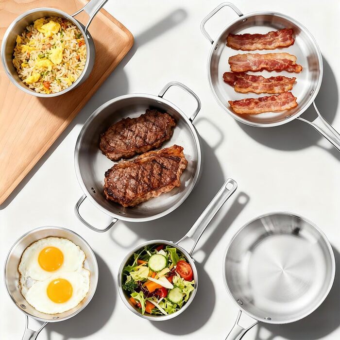 Набір каструль LeadZM з керамічним покриттям (22 шт.) для індукційних плит, сумісний з усіма плитами, без PFOA/PFOS (Бежевий) + Набір з 11 предметів з нержавіючої сталі (Сріблястий)