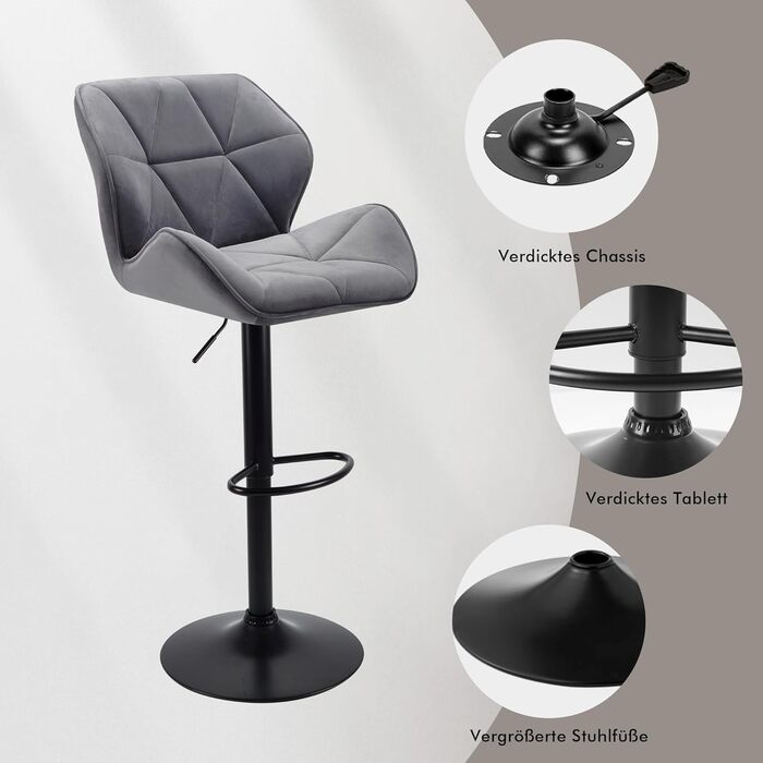 WangPangzi Adjustable Bar Stools 2-Pack with Backrest - Padded Leatherette & Steel Kitchen Bar Chairs with Footrest - for Counter, Kitchen, Hotel, Bar (Black & Dark Gray Velvet)