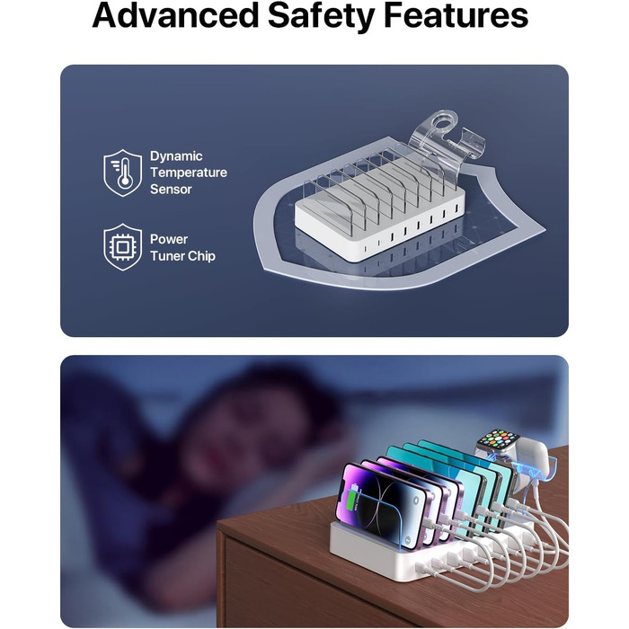 SooPii Зарядна станція USB-C 8 портів з PD 20W, кабель USB 8 шт., тримач для Apple Watch та AirPods - Біла