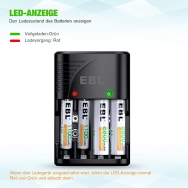 Зарядний пристрій для акумуляторів EBL AA AAA 9V NIMH з 4 відсіками, Smart Plug, LED-дисплей, швидка зарядка