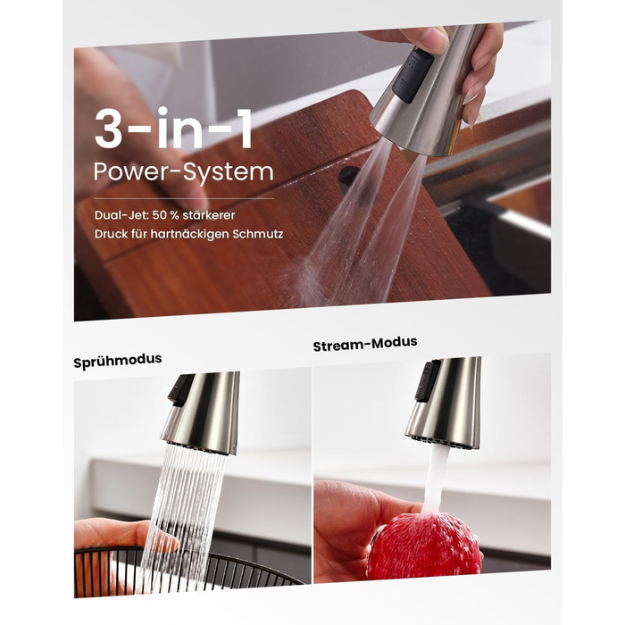 Кухонний змішувач Dayone з висувною лійкою, нержавіюча сталь SUS304, високий тиск, кухонний кран з 2 функціями, поворотна на 360°, для кухні