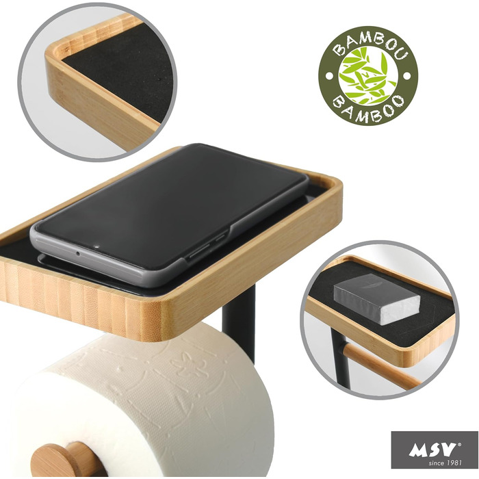 Набір для ванної кімнати Teiki 4в1: щітка для унітазу, тримач рулонів, тримач для вологих серветок та смартфон, бамбук, чорний