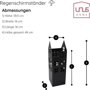 Підставка для парасольки UNUS з піддоном для води, 4 гачки, 16x16x49 см (Чорний, для дому)