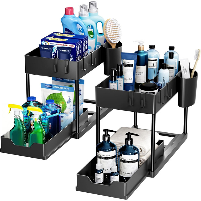 Puricon 2 Set Under Sink Shelf, Dish Cabinet Organizer, 2-Tier Stand Shelf Kitchen Countertop Organizer, Multifunctional Kitchen Shelf Spice Rack Under Sink Shelf Dish Cabinet Shelf - Black