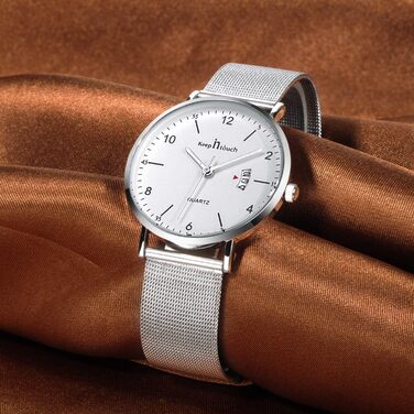 Годинник на зап'ясті Unendlich для чоловіків: ультратонкий, водонепроникний, кварцовий, з мінімалістичним цифровим дисплеєм, з цифровим календарем, для бізнесу та повсякденного носіння, з нержавіючою сталею (Silver-b)