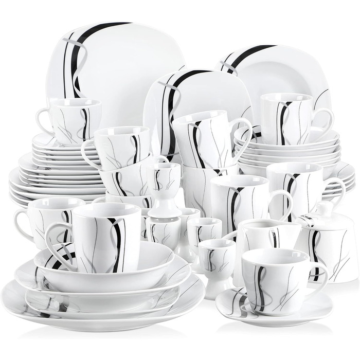 VEWEET FIONA 50-Piece Dinnerware Set, 6 Place Settings, Porcelain Dinner Set consisting of dinner plates, dessert plates, soup plates, cereal bowls, coffee cups, coffee mug set, egg cups, milk and sugar set
