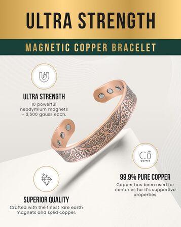 Браслет на руку чоловічий MagnetRX® з чистої міді – Мідний браслет для чоловіків для магнітної терапії – Ідеально при артриті та синдромі карпального тунелю – З інструментом для регулювання розміру (Ірландський бамбук, Copper Cuff)