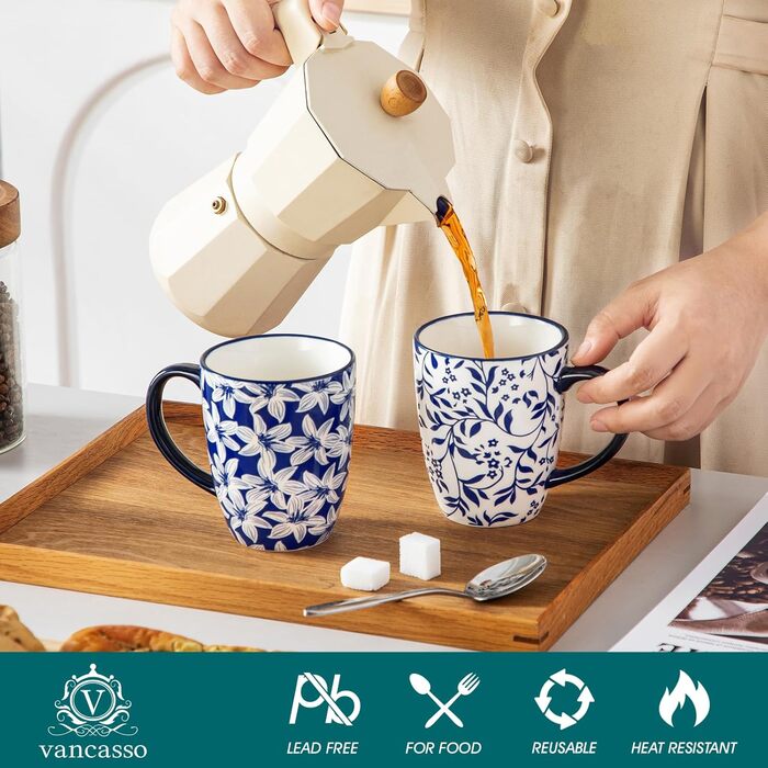 Набір кавових чашок з блюдцями Vancasso Cappuccino SELENE 6шт, 240мл, блакитно-білий вінтаж, порцеляна, для мікрохвильовки та посудомийної машини