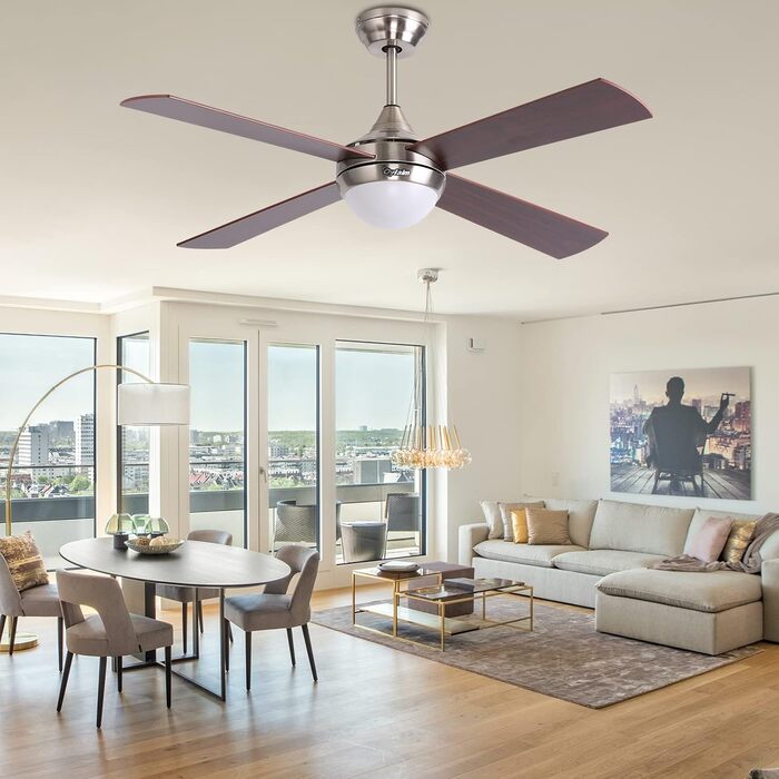 Стеляний вентилятор Ovlaim 122 см з регульованою LED-підсвіткою та пультом керування, коричневий, 6 швидкостей, DC мотор, тихий, для спальні/тераси