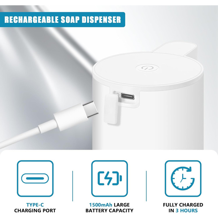 Mamiddle Automatic Soap Dispenser Stainless Steel with Sensor Infrared Foam Soap Dispenser Electric IPX5 Waterproof USB-C Charging with Infrared Motion Sensor for Kitchen & Bath (White)