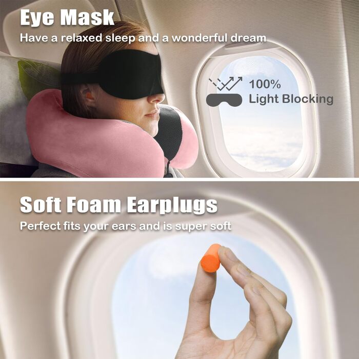 Подушка для шиї у вигляді U, Memory Foam, для подорожей на літаку, авто, в офіс. З маскою для сну та навушниками. Рожева