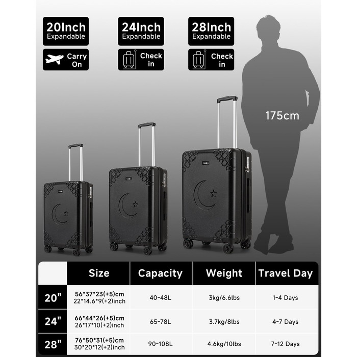 Набір валіз Sea Choice 3 шт. з жорстким корпусом, розширюваний, легкий, з 4 колесами, з тримачем для напоїв та TSA замком, чорний