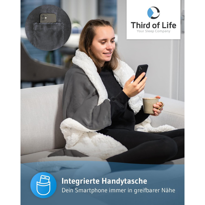 Пухова ковдра KAMI 150x200 см, темно-сіра, Sherpa, для вітальні, дивану, ліжка, з кишенею для телефону та захистом від бруду, тепла зимова ковдра