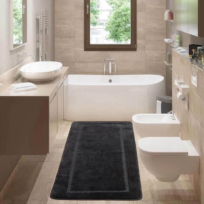 SOANNY Bath Mat Set - 2 Pack Microfiber Bathroom Rugs - Non-Slip, Water Absorbent - 53x86 cm & 50x50 cm - Black