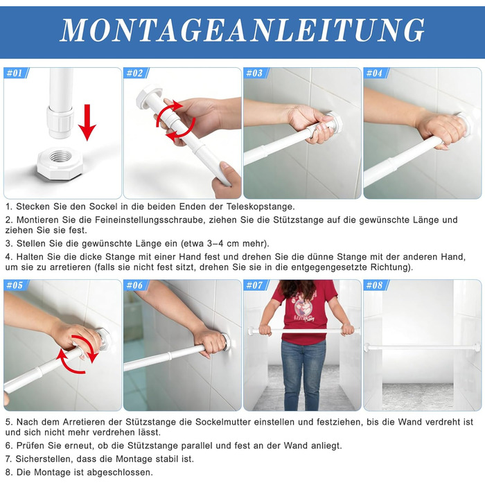 Регульована телескопічна штанга DEWEL для карнизів, душових кабін, без свердління, для штор, спальні, ванна кімната (діаметр 3см, 70-120см, білий)