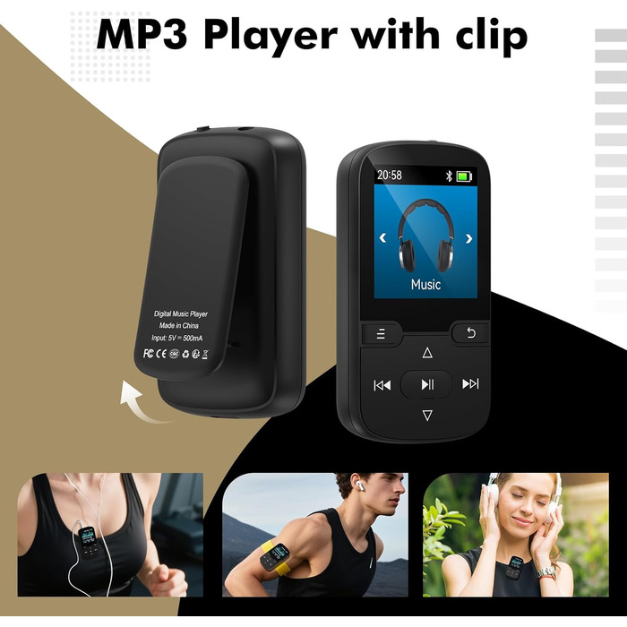 MP3 плеєр Bluetooth 5.3 з кліпсою, HiFi спортивний плеєр для дітей з FM-радіо, диктофоном та крокоміром, 64GB, чорний
