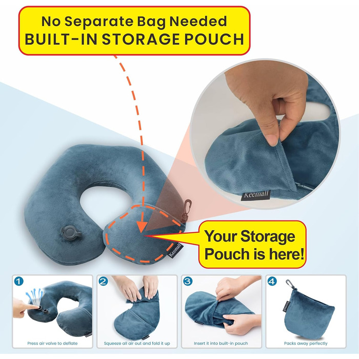 Подушка для шиї BestMaxs надувна туристична для подорожей, літака, поїзда, авто. Зручна, з наволочкою, для офісу та сну. Колір: Deep Grey