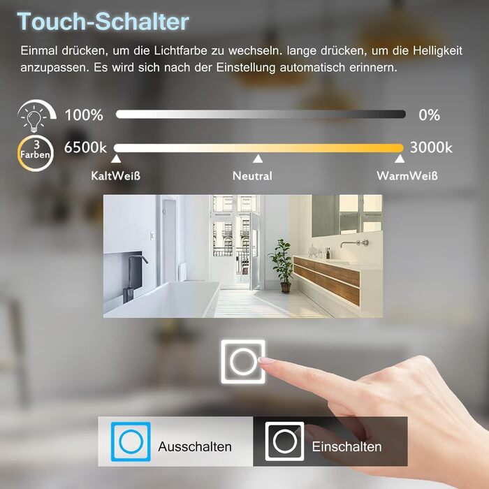 MIQU LED дзеркало для ванної кімнати з підсвічуванням 80x60 см, з розеткою, годинником, сенсорним керуванням, регулюванням яскравості, 3 кольори світла, антизапарник, збільшення, для ванної кімнати, туалету, коридору