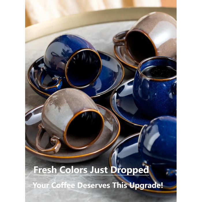 Набір чашок для еспресо LYEOBOH з блюдцями (6 шт.), 85 мл, кераміка, білий (коричневий)