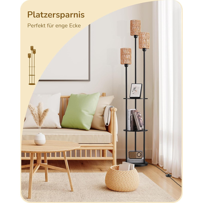 Стійка лампа EDISHINE для вітальні з трьома плафонами, вінтажний стиль, полиця, абажур з ротангу, 3 x E27, з лампочками, бохо-стиль, з вимикачем на ніжці, 178 см, чорний