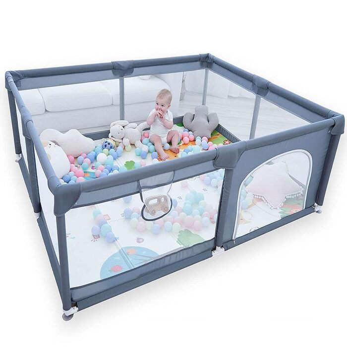 VTERLY Baby Playpen, 150 x 180 x 68cm Playard/Safety Gate with Storage Bag, Breathable Mesh, Anti-Collision Foam Playpen, Baby Playpen, Playard for Kids - Grey 150*180cm
