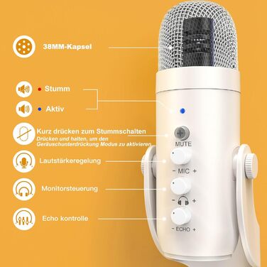 Zealsound USB мікрофон K66 Pearly White: для стрімінгу, геймінгу, YouTube, ASMR, вокалу. З шумозаглушенням, Mute, регулюванням Gain. Сумісний з PC, Mac, iPhone, Android, PS4/PS5