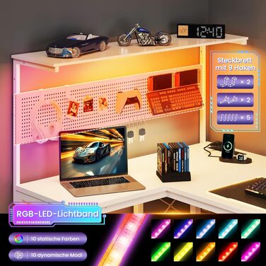 Ігровий кутовий стіл L-подібний YOUDENOVA з LED-підсвіткою, розеткою, полицями та перфорованою панеллю, 120x80 см, білий