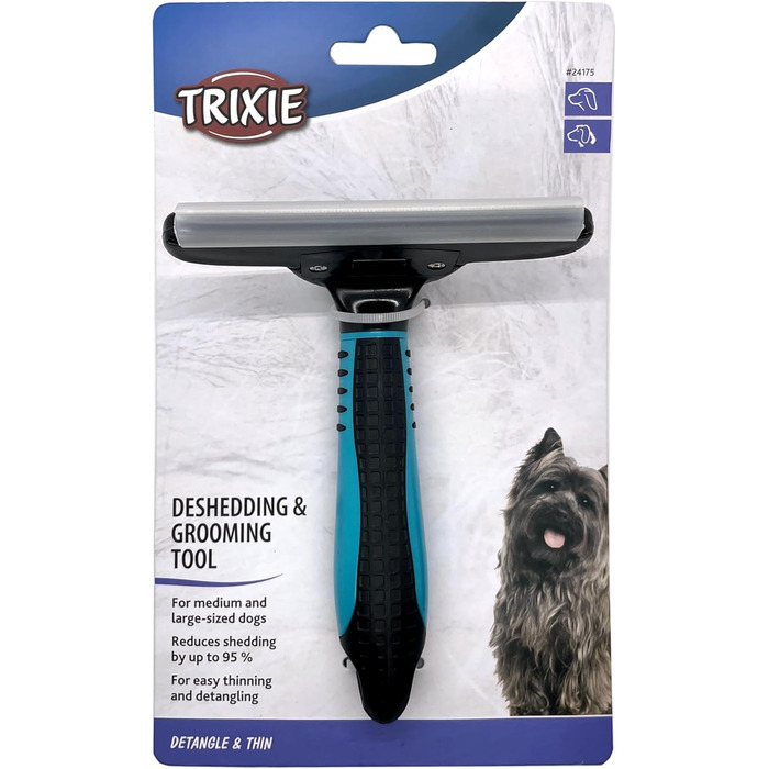 Тріксі Щітка для грумінгу собак та котів з короткою та жорсткою шерстю - змінний гребінець, сталеві леза, зручна ручка, чорно-синя, 7 x 15 см