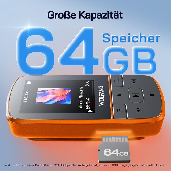MP3-плеєр WOLFANG 64GB Bluetooth 5.2, помаранчевий: Спорт-кліпса, Hi-Fi радіо, диктофон, навушники в комплекті