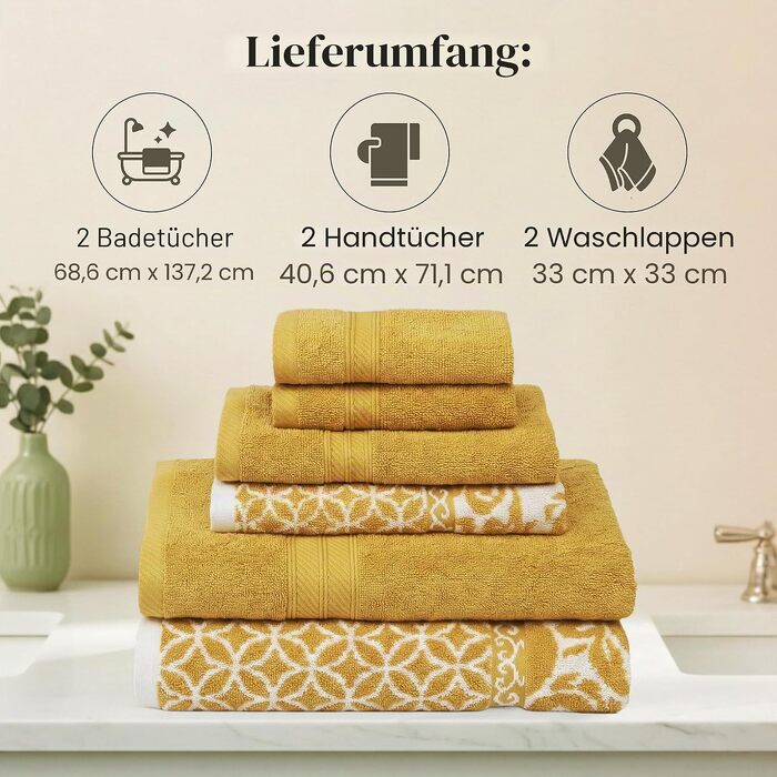 Набір рушників Modern Threads Trefoil Filigran (6 шт.), 100% бавовна, жакардовий двосторонній дизайн, гігроскопічні та м'які, колір Gold Medium White з синьо-зеленим візерунком