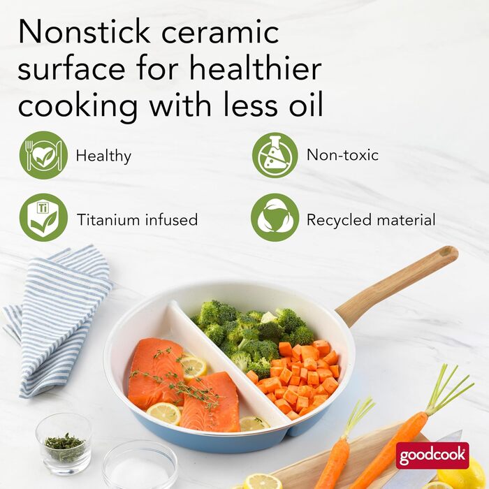 Сковорода роздільна GoodCook 30.5 см з керамічним покриттям, блакитна - посуд з нержавіючої сталі, антипригарна сковорода для яєць, м'яса, овочів, соусів