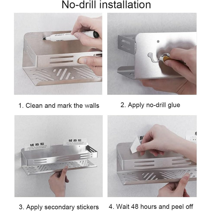 Melairy Shower Shelf No Drilling Bathroom Storage & Organization Shower Basket, Stainless Steel Bathroom Shelves with Two Hooks for Bathrooms and Kitchens