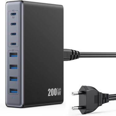 Мережевий адаптер USB-C 200W 8-в-1 GaN III з QC4.0, PPS, PD 65W для MacBook Pro/Air, iPad, iPhone, Samsung, Steam Deck, чорний