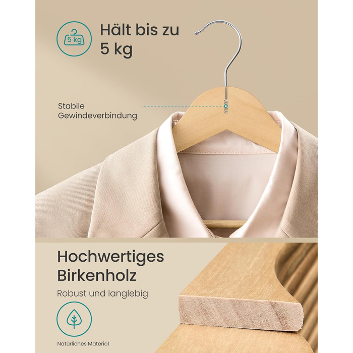 Плечики для одягу SONGMICS з дерева, набір 20 шт., дерев'яні тонкі плечики, для сорочок, жакеток та штанів, з вирізами для плечей, 360° обертовий гачок, береза, білий, CRW0W02